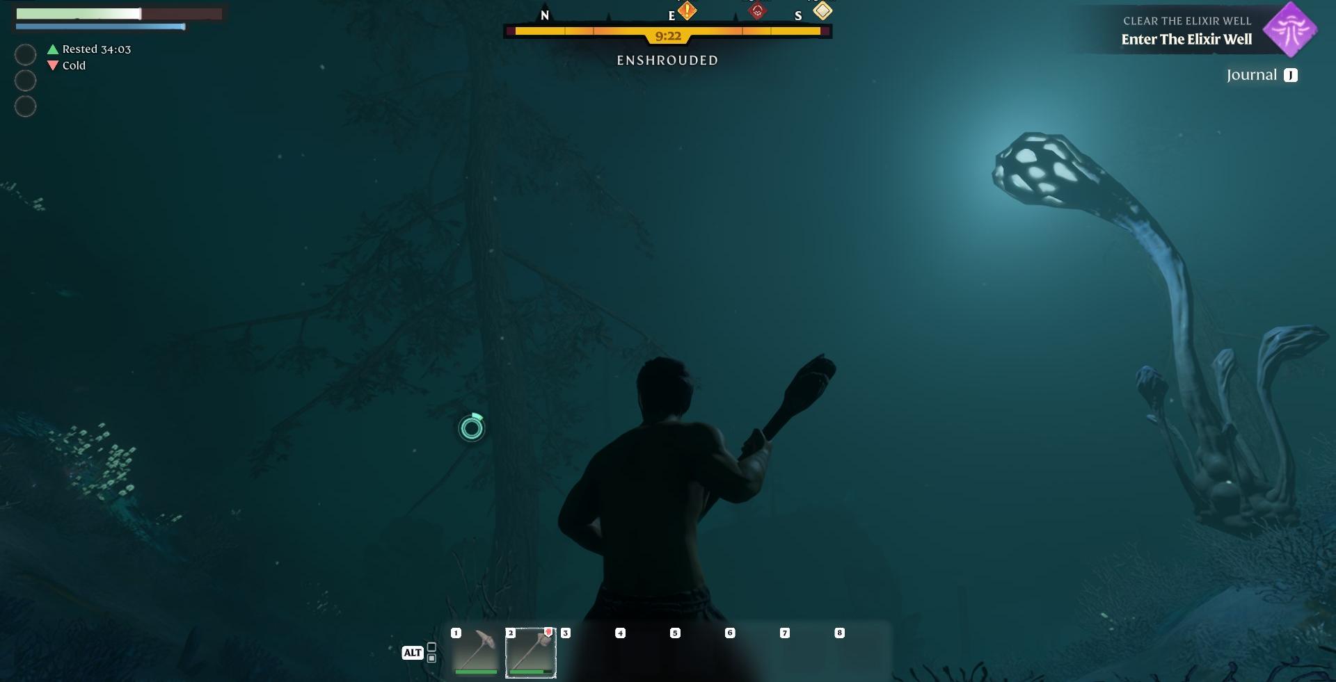 Erkennen Sie von Nebel umhüllte Bäume und bereiten Sie sich darauf vor, sie für Shroud Wood zu ernten.