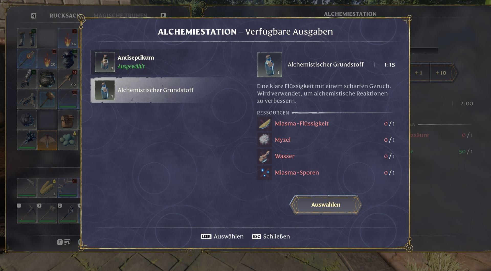 Kombiniere Miasma-Flüssigkeit, Myzel, Wasser und Miasma-Sporen, um Alchemistische Grundstoffe herzustellen.