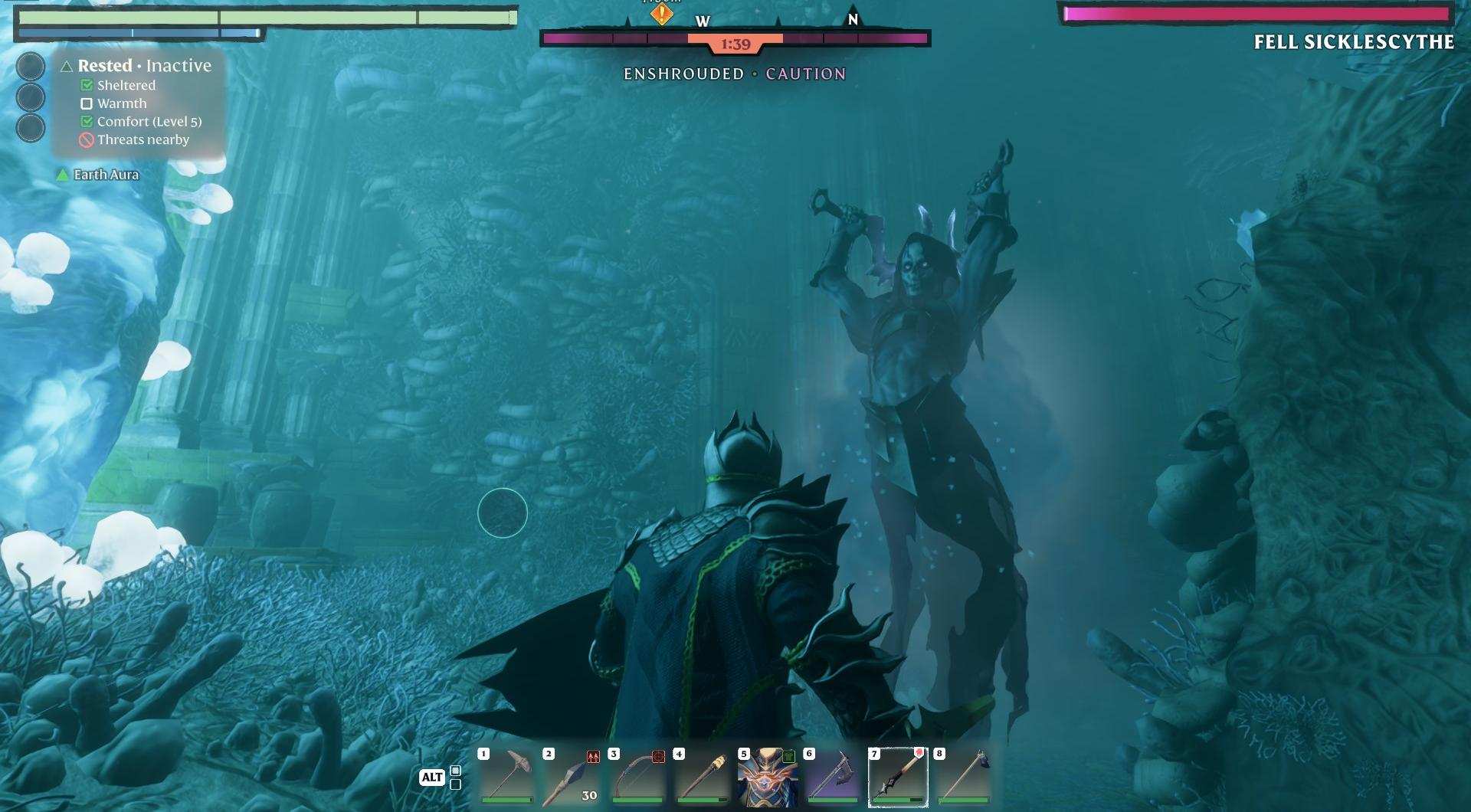 Nähere dich dem Fell Sicklescythe Boss aus der Ferne an.
