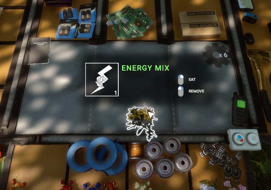 Kombiniere die Zutaten in deinem Inventar, um Energy Mix oder Energy Mix+ zu erstellen.