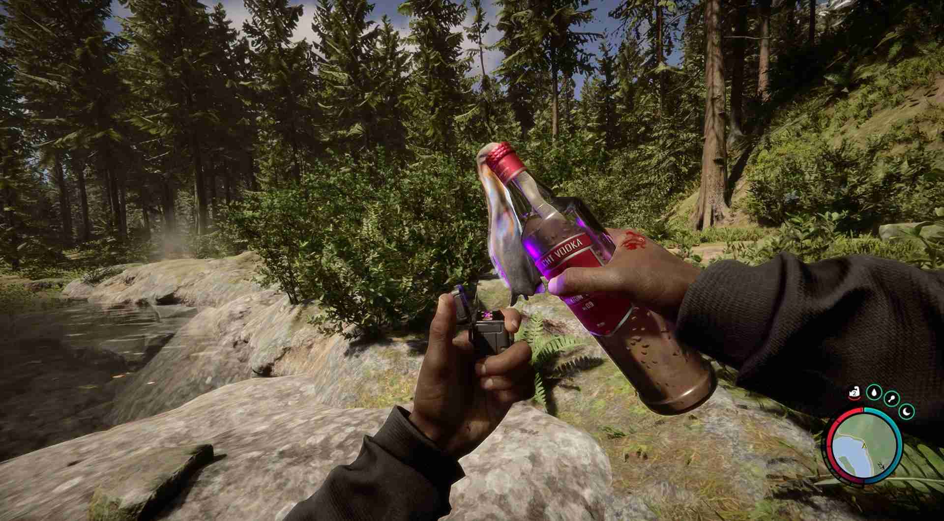 Rüste den Molotowcocktail aus, zünde ihn an und wirf ihn dann.