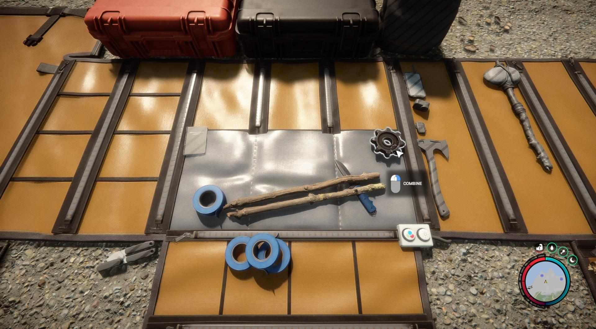 Im Inventar werden Materialien auf der Bastelmatte kombiniert, um den Speer zu erstellen.