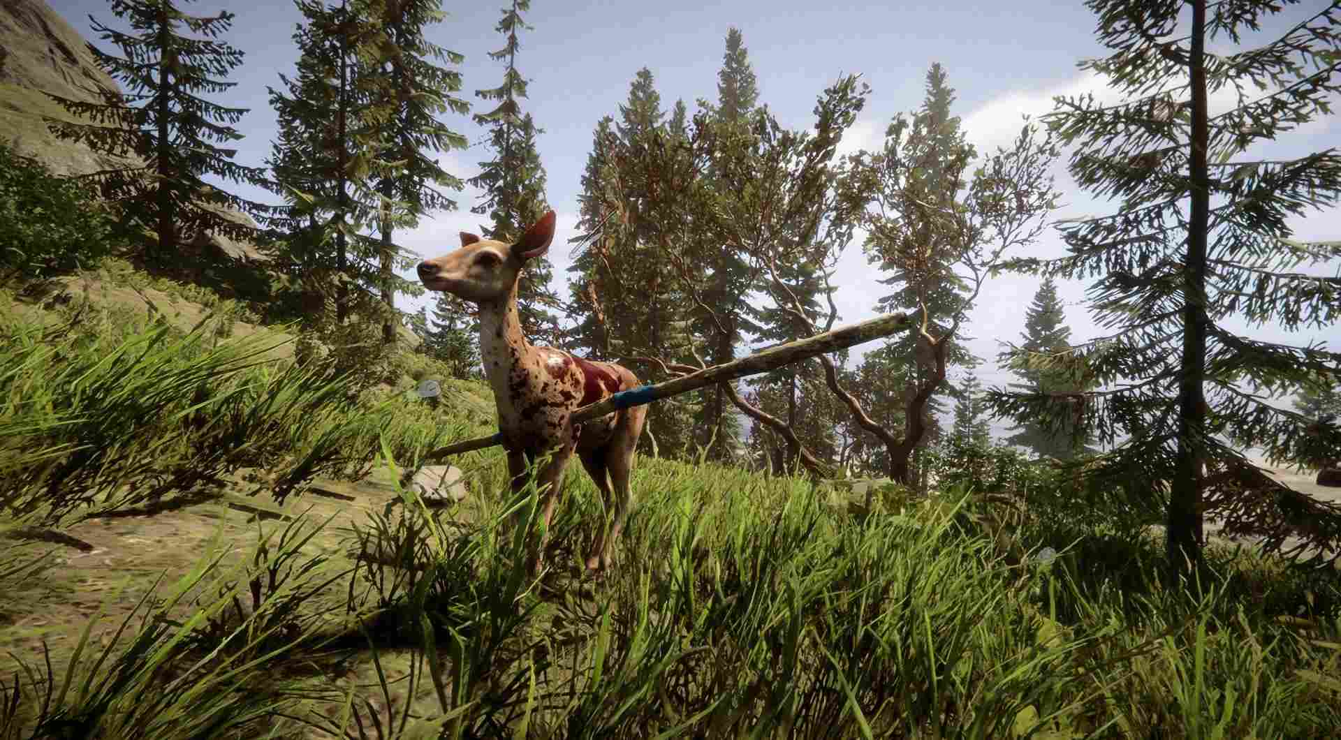 Den neu hergestellten Speer haltend, bereit für die Gefahren der Wildnis.