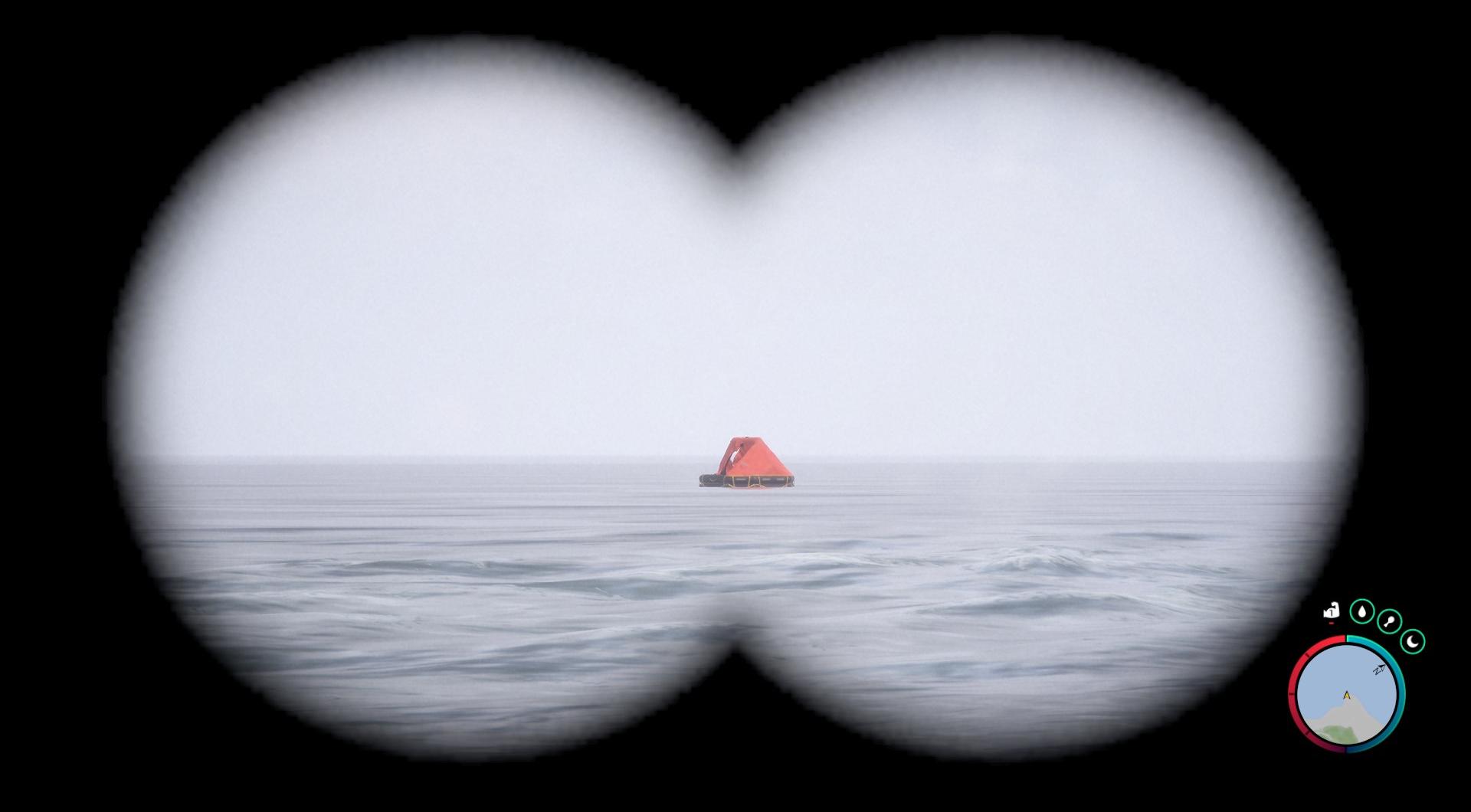 Entdecke das rote Schlauchboot, das vor der Küste treibt, wenn du den markierten Ort erreicht hast.