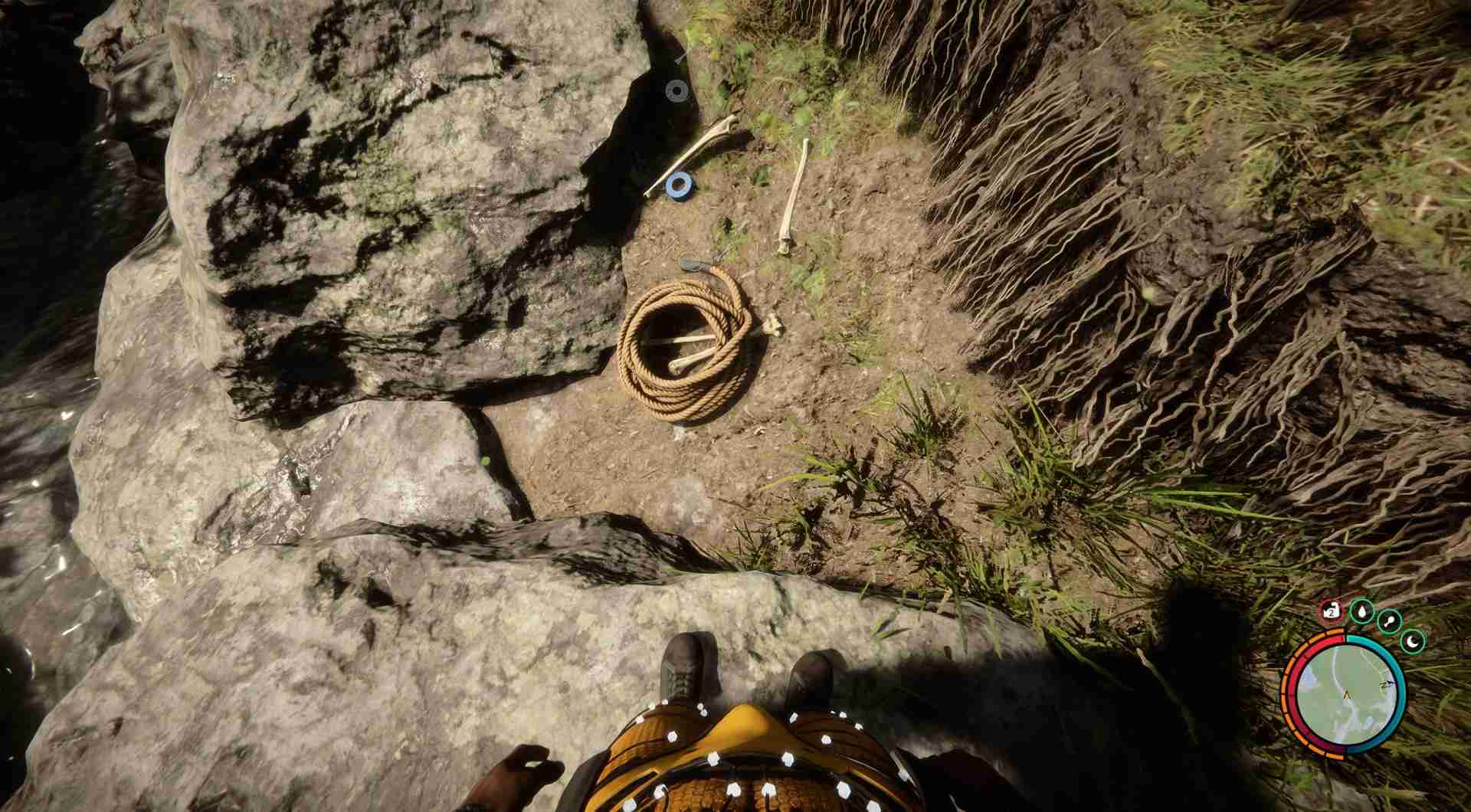 Sammle Knochen, Klebeband und Seil für die Herstellung von Knochenrüstung.