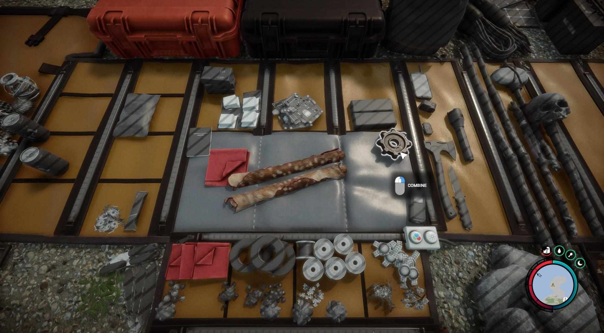 Kombiniere Hide und Stoff in Deinem Inventar, um ein Stück Hide Armor herzustellen.