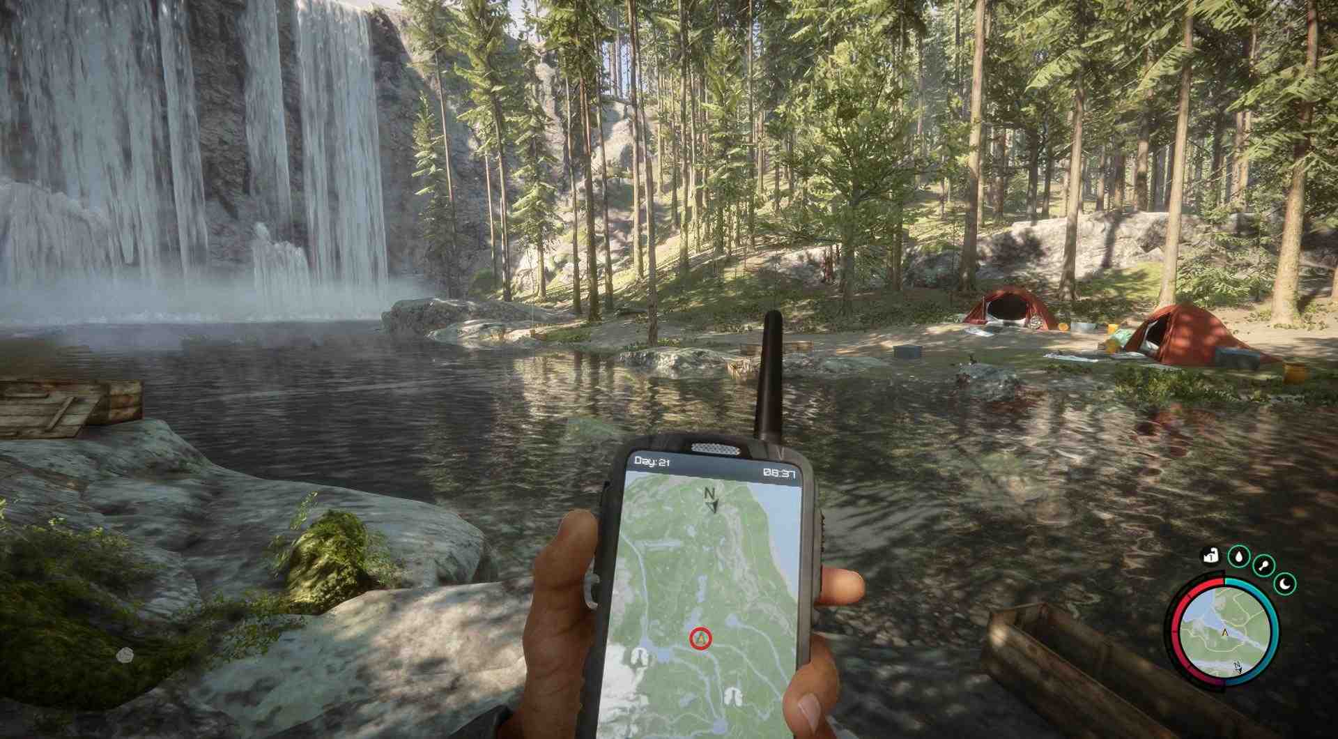 Nähere dich dem Zelt auf deiner rechten Seite, das dem Wasserfall zugewandt ist, um die Winterjacke darin zu finden.