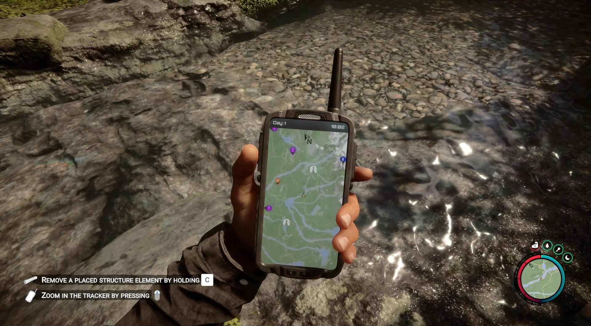 Nutze dein im Spiel integriertes GPS und die Karte, um wichtige Wasserquellen zu finden.