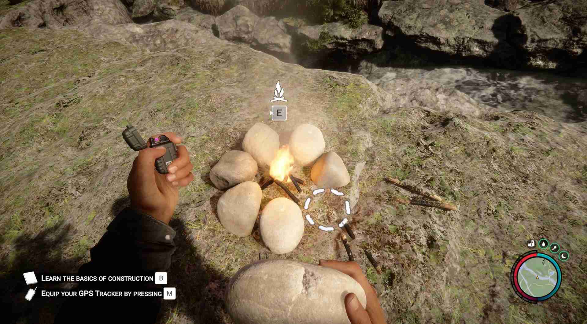 Sammeln Sie Felsen, um eine schützende Barriere um die aufkommenden Flammen zu errichten.