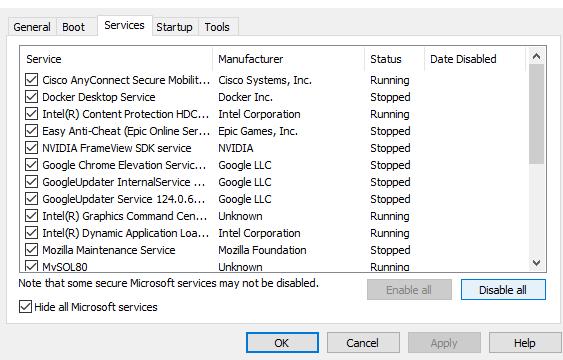 Aktiviere das Kontrollkästchen "Alle Microsoft-Dienste ausblenden" und drücke "Alle deaktivieren".
