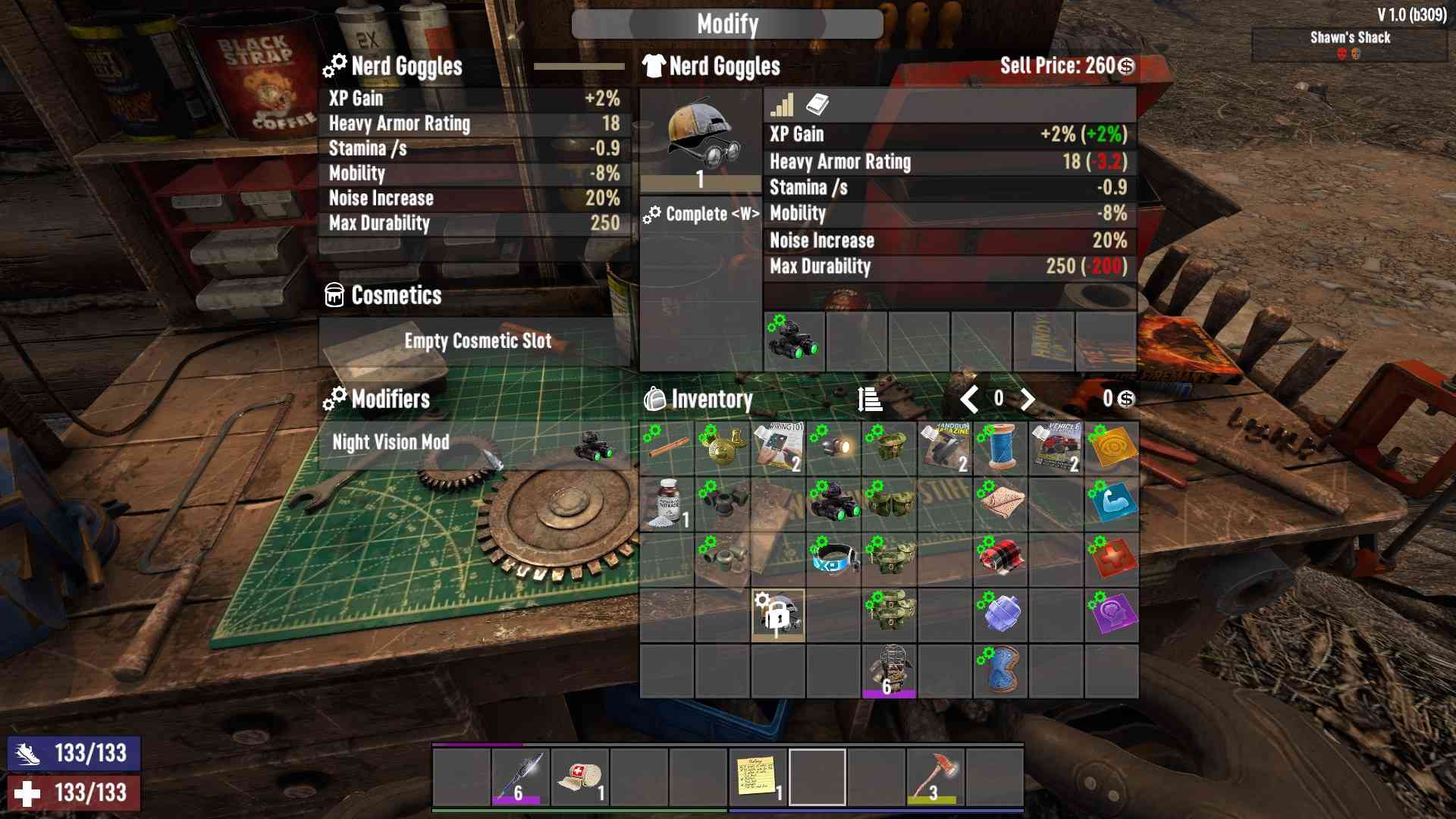 Available mods for the current armor will be highlighted green.