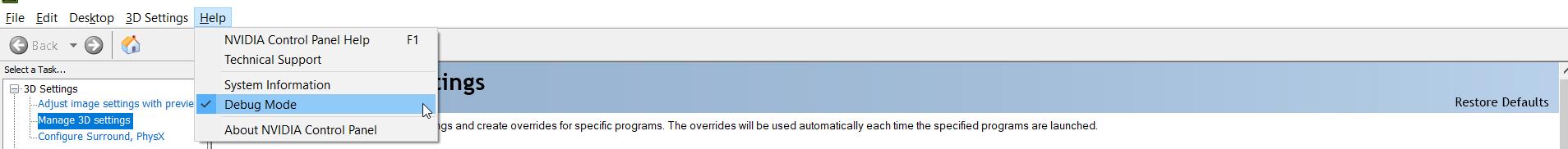 Aktiviere Debug Mode in Nvidia Control Panel.