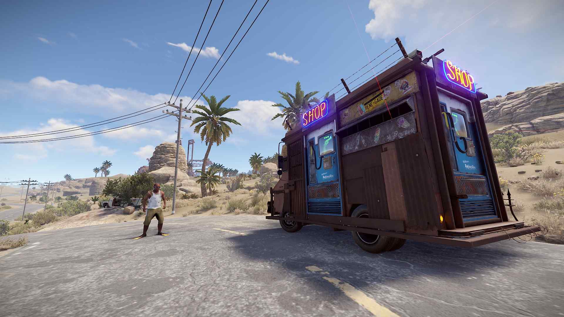 Nähe dich vorsichtig dem Händlerfahrzeug in Rust Road Renegades