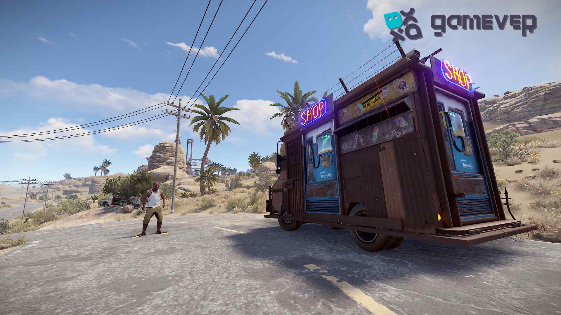 Acércate al camión del vendedor con cautela en Rust Road Renegades