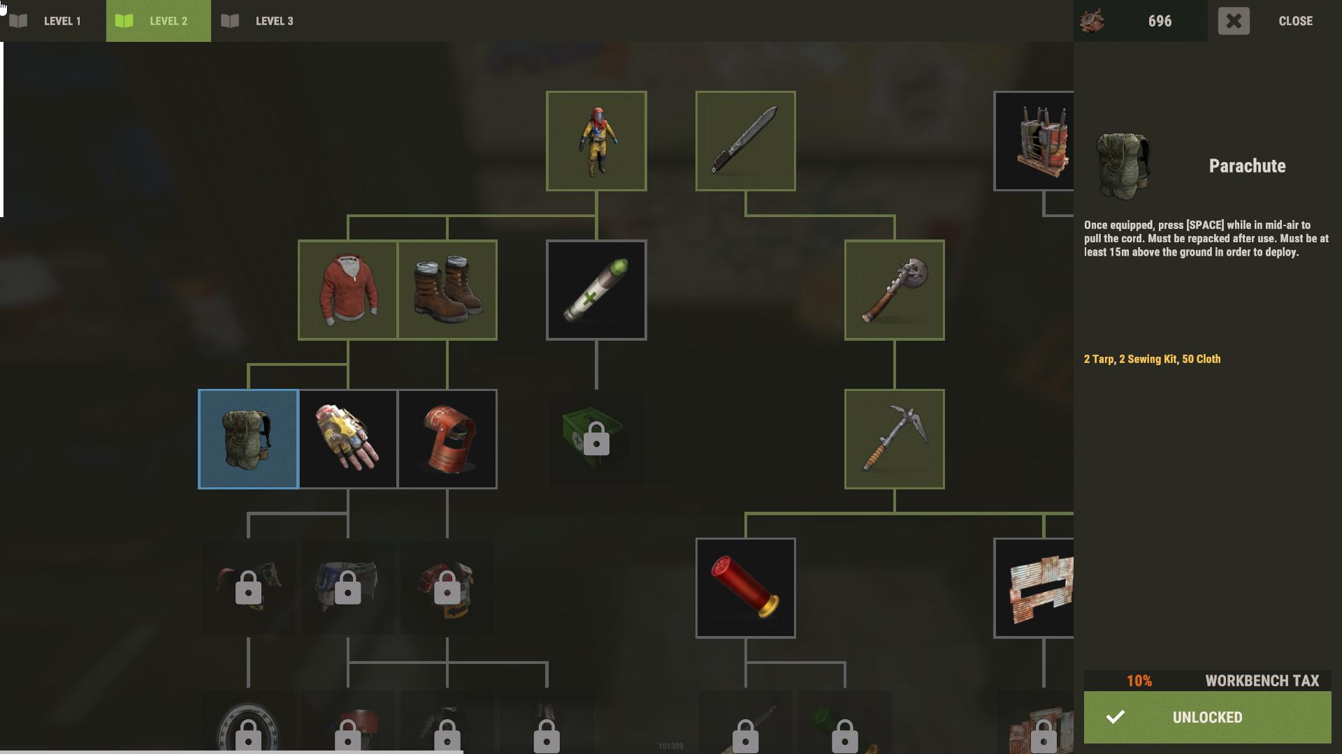 Stelle Fallschirme an Werkbänken der Stufe 2 im Rust Road Renegades Update für Luftabenteuer her