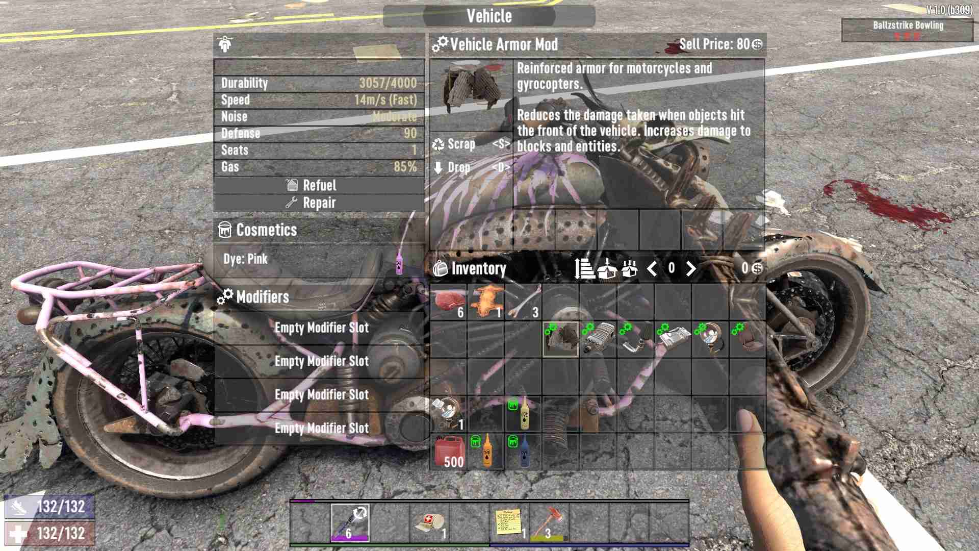 Probiere neue Rüstungsmodifikationen für das Motorrad in 7 Days to Die