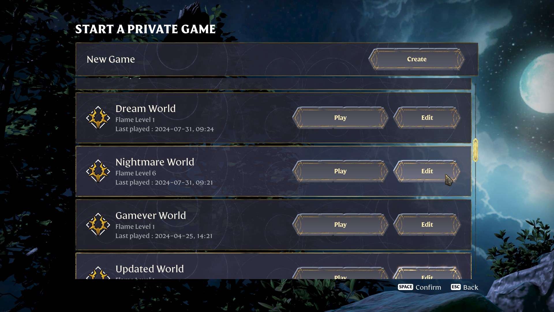 Press Edit in the list of the existing worlds to change Difficulty in Enshrouded Update 3