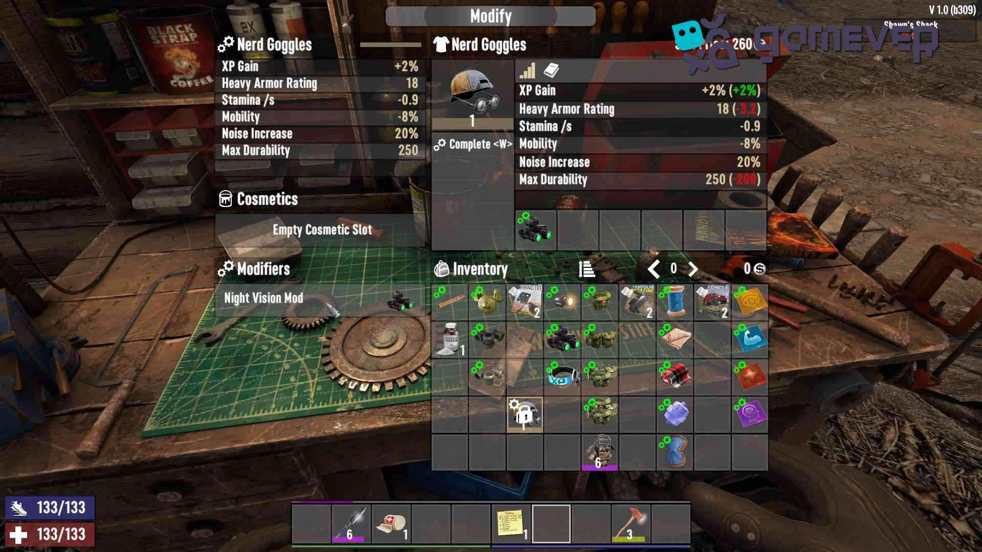 Los mods disponibles para la armadura actual se resaltarán en verde.