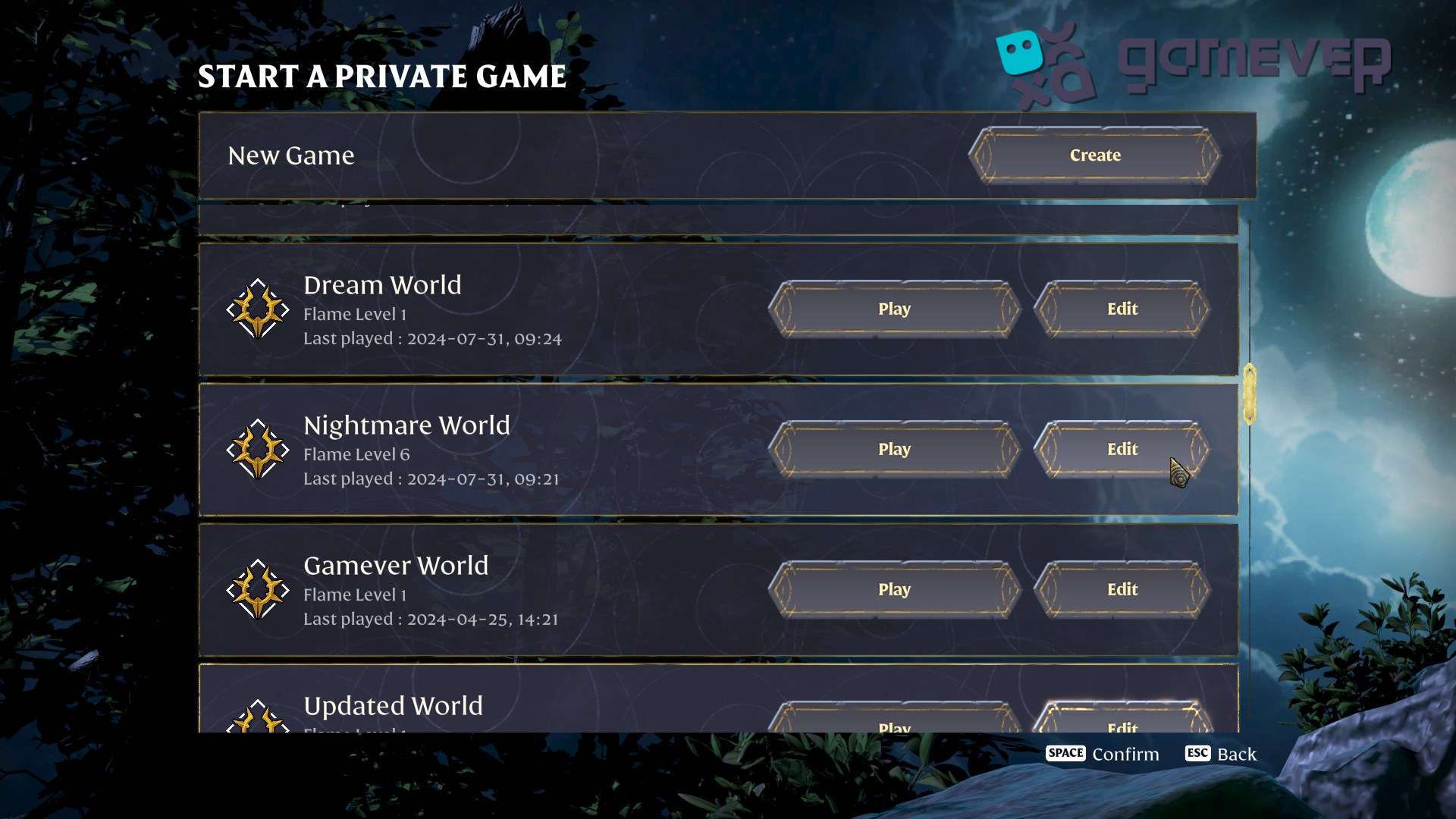 Presiona "Editar" en la lista de los mundos existentes para cambiar la Dificultad en la Actualización 3 de Enshrouded