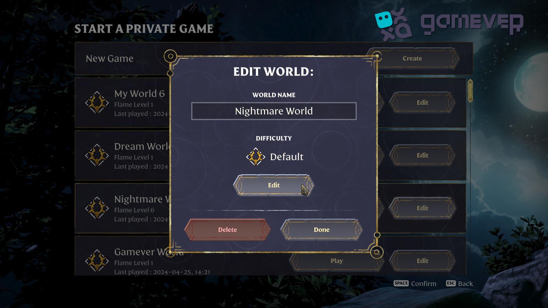 Presiona "Editar" para seleccionar otro modo de Dificultad en la Actualización 3 de Enshrouded
