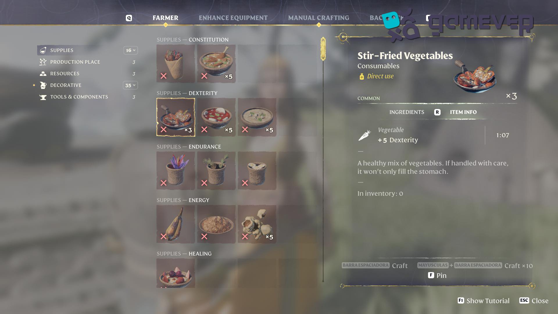 Prepara alimentos que mejoren la resistencia como "Verduras Salteadas" en Enshrouded