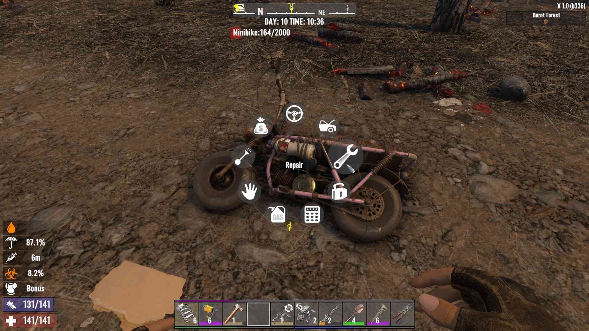 Access the bike menu for repairs in 7D2D 1.0