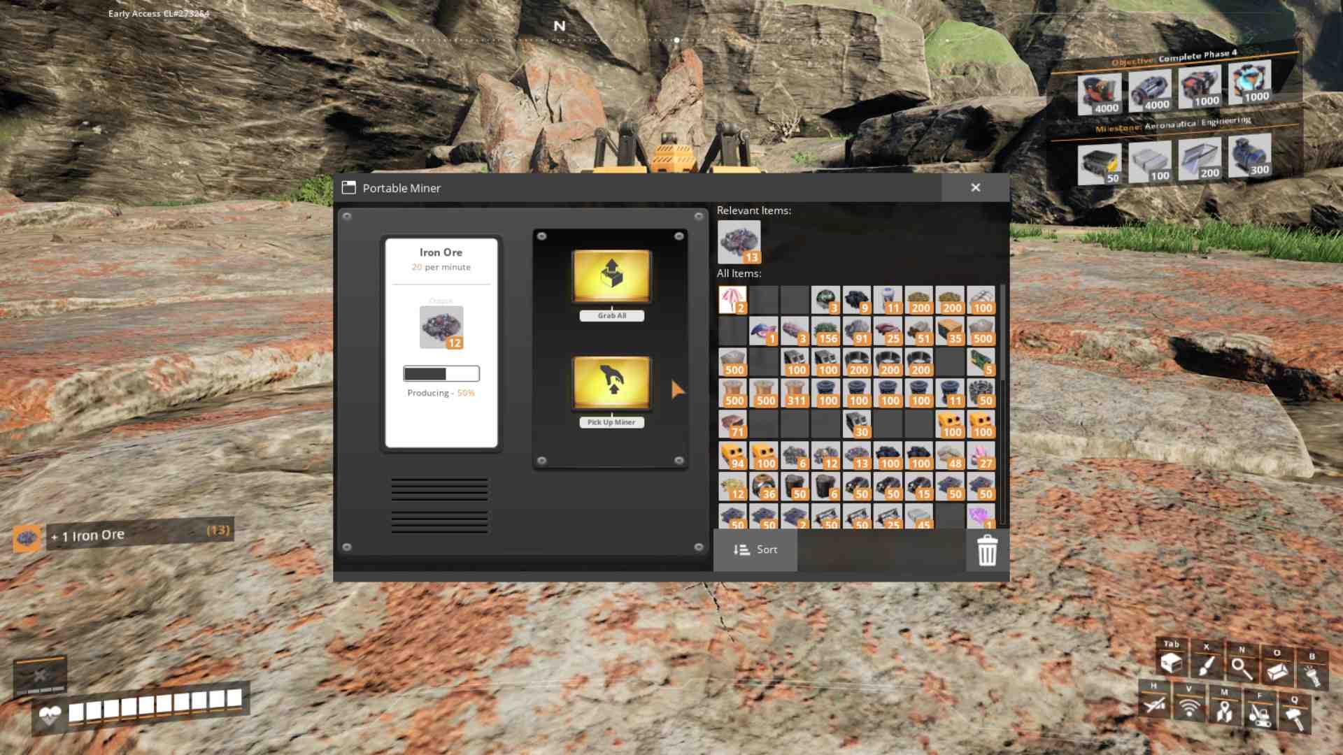 Drücke E, um das Inventar des Mobiler Miner zu öffnen und alle Ressourcen vom Mobiler Miner in Satisfactory zu nehmen.