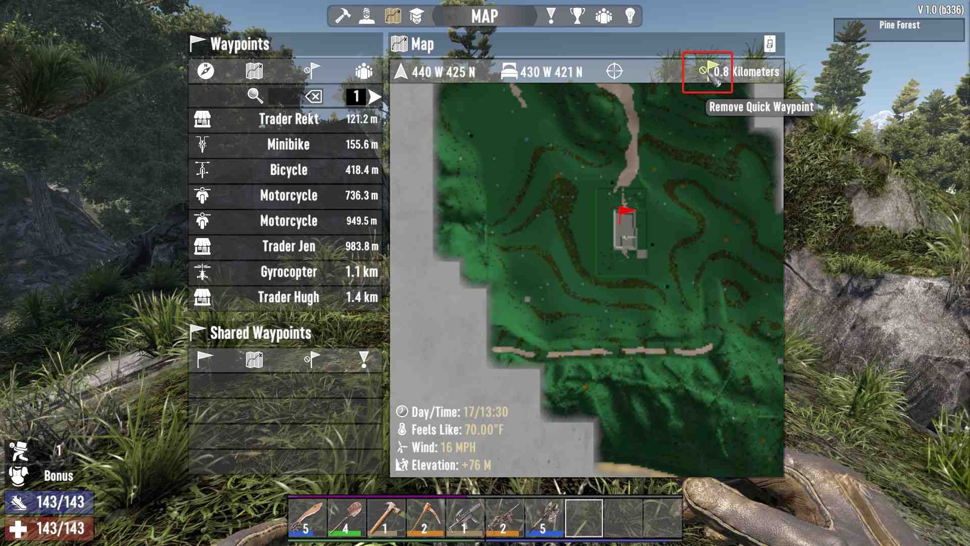 Identifiziere das Fahnenicon, um den Quick Waypoint in 7D2D 1.0 zu entfernen