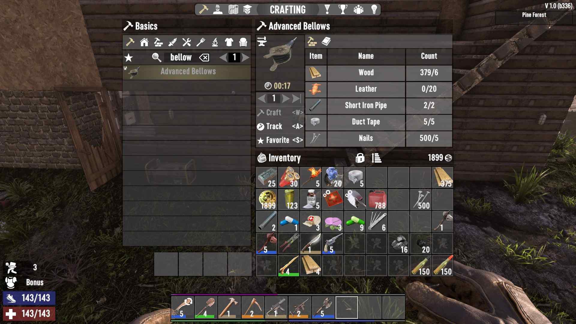 Craft Bellows in 7D2D 1.0 with wood, animal hide, and short iron pipes