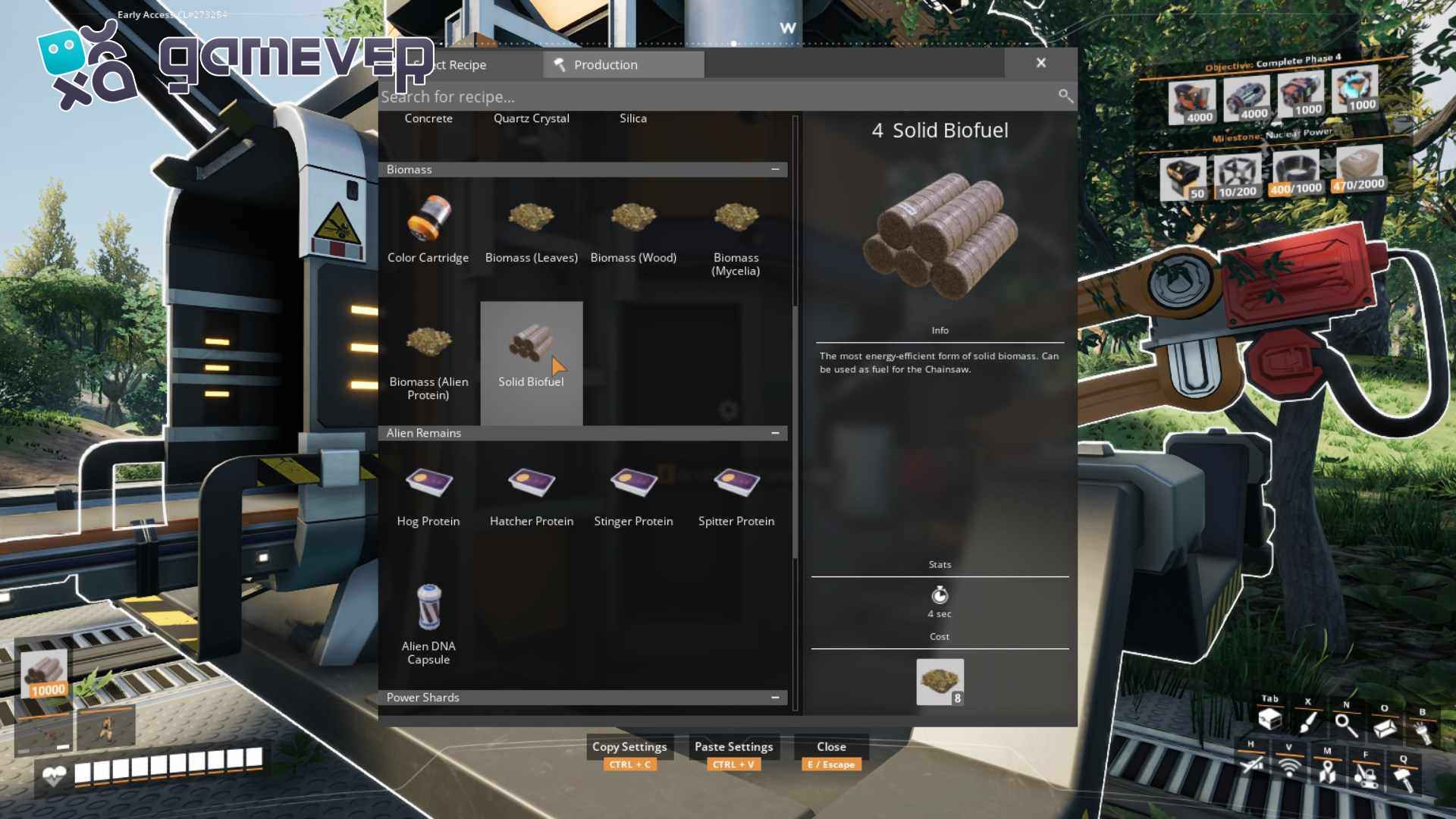 Instala un Constructor para convertir biomasa en biocombustible en Satisfactory