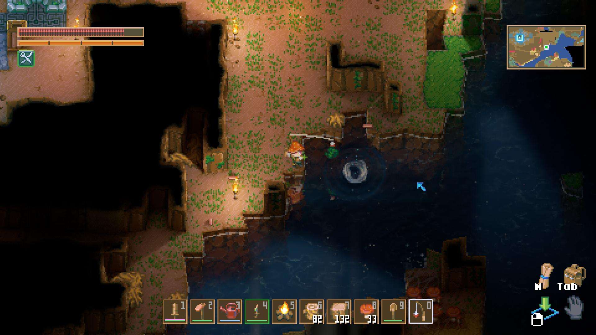 Drücke RMB, um deinen Fang aus dem Wasser in Core Keeper 1.0 zu holen