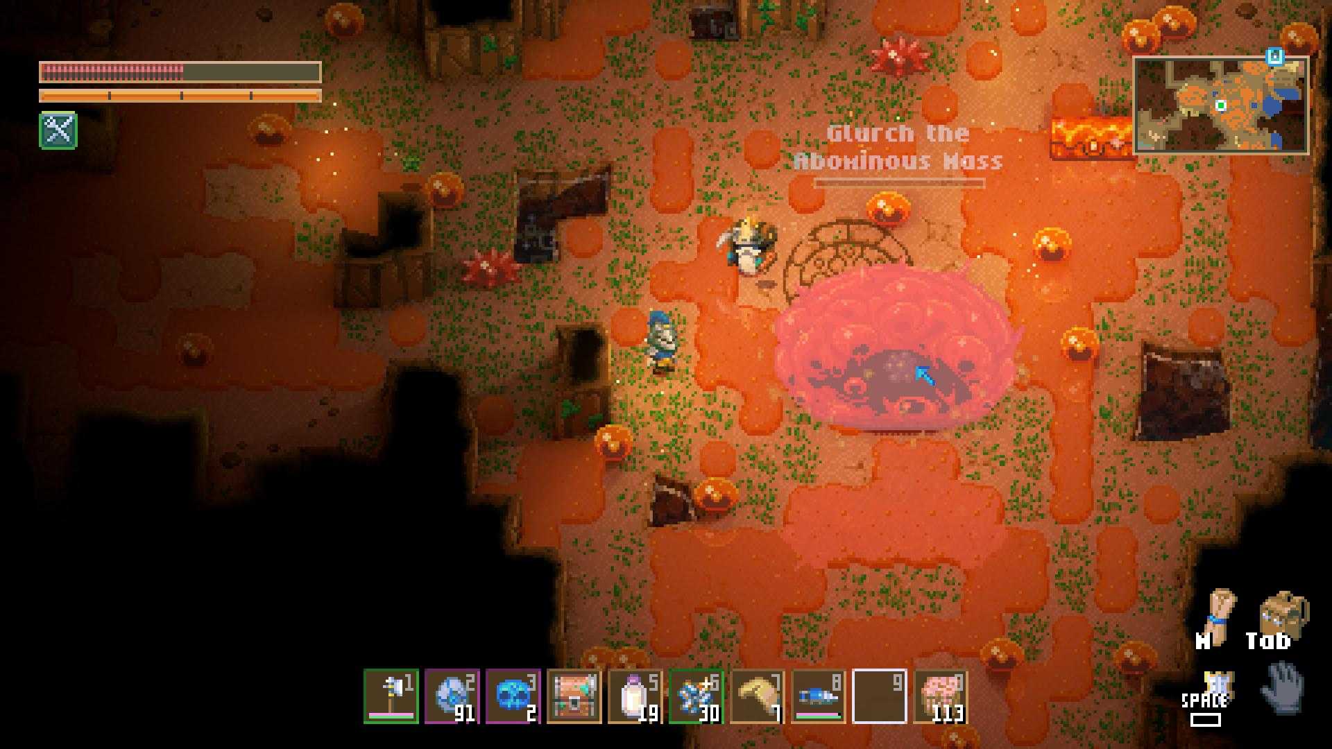Eliminiere nahegelegene Schleime, bevor Du gegen Glurch kämpfst in Core Keeper 1.0