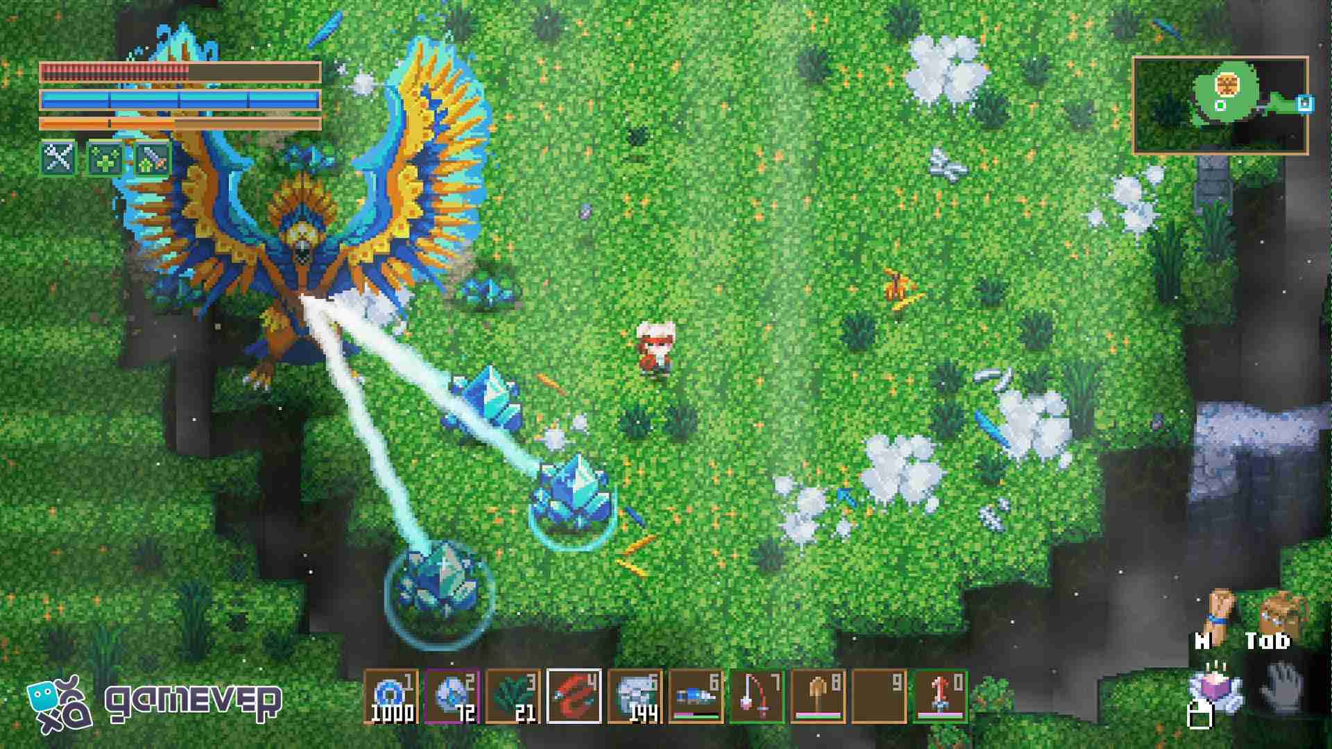 Usa tu pico para romper los cristales y evitar que Azeos se cure en Core Keeper 1.0.