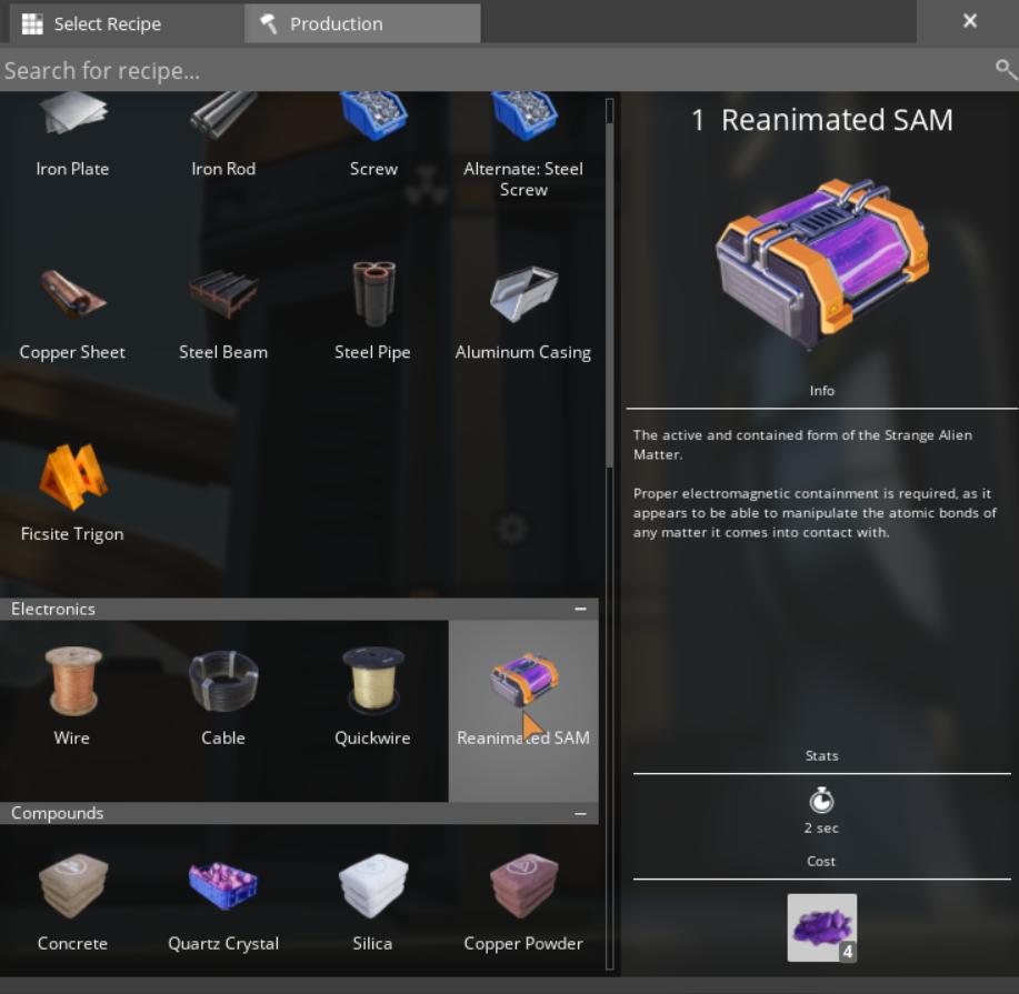Verwende SAM-Erz, um Reanimierte SAM in Satisfactory 1.0 herzustellen