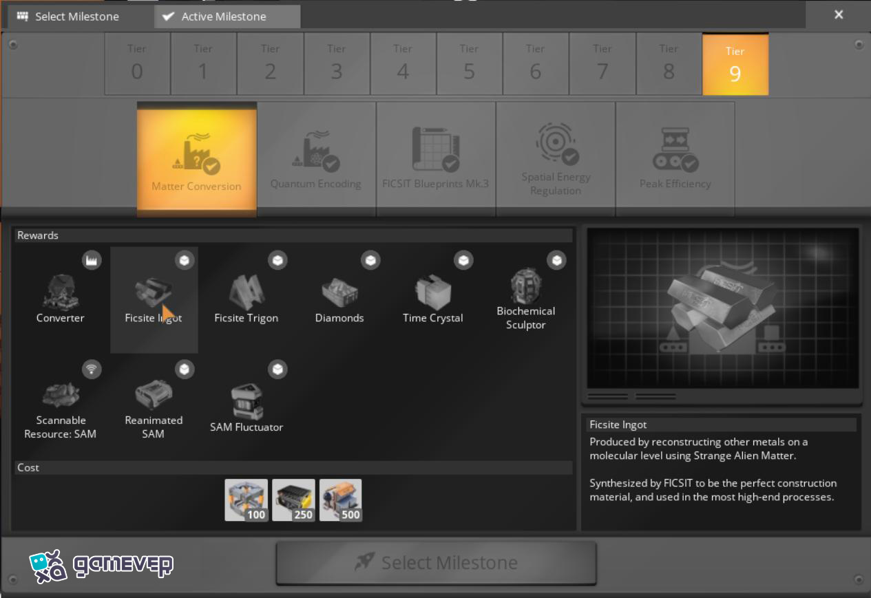 Desbloquea el Nivel 9 de Conversión de Materia para empezar a producir Lingote de Ficsita en la versión 1.0 de Satisfactory