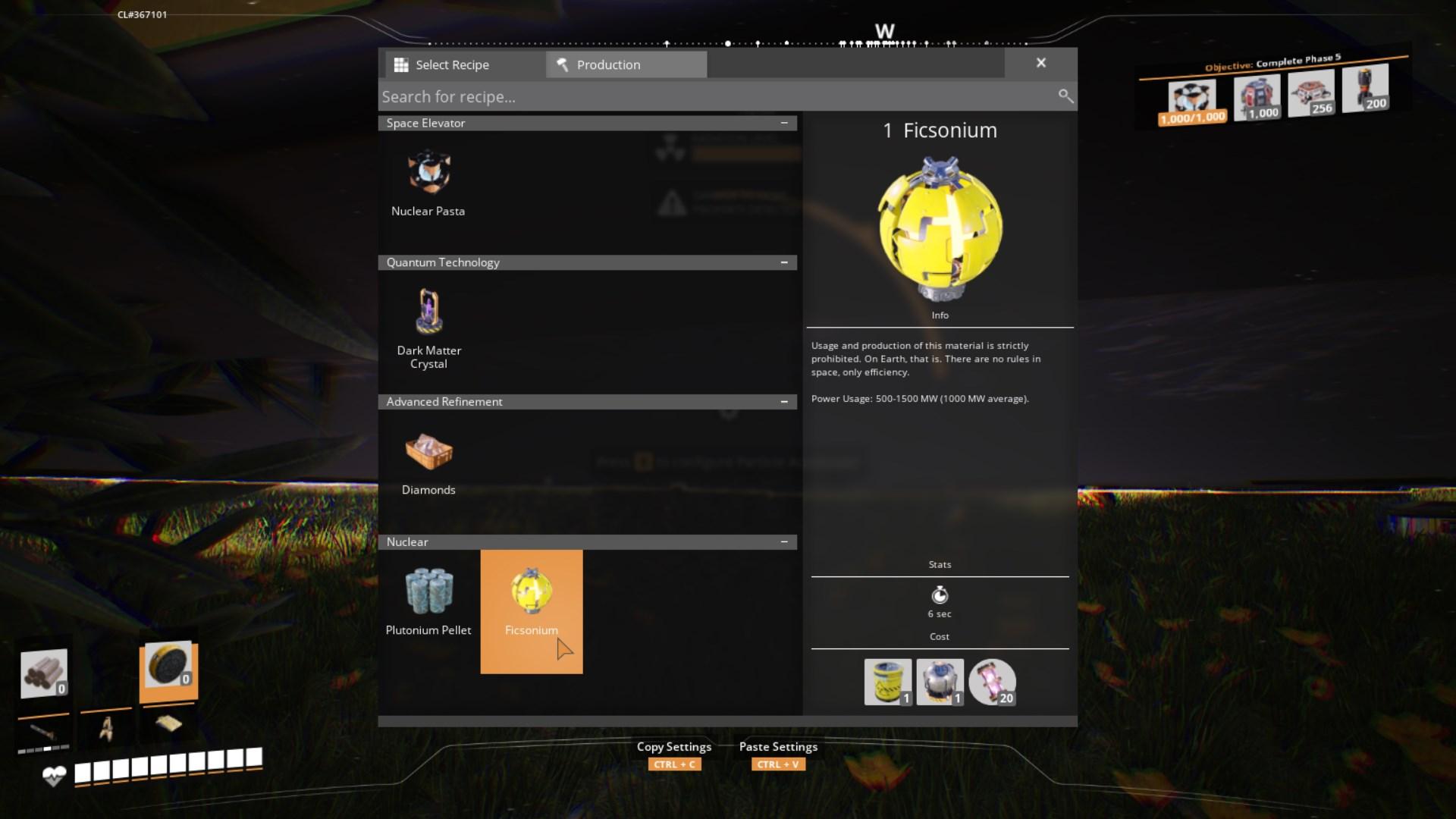 Select Ficsonium Recipe in the Particle Accelerator