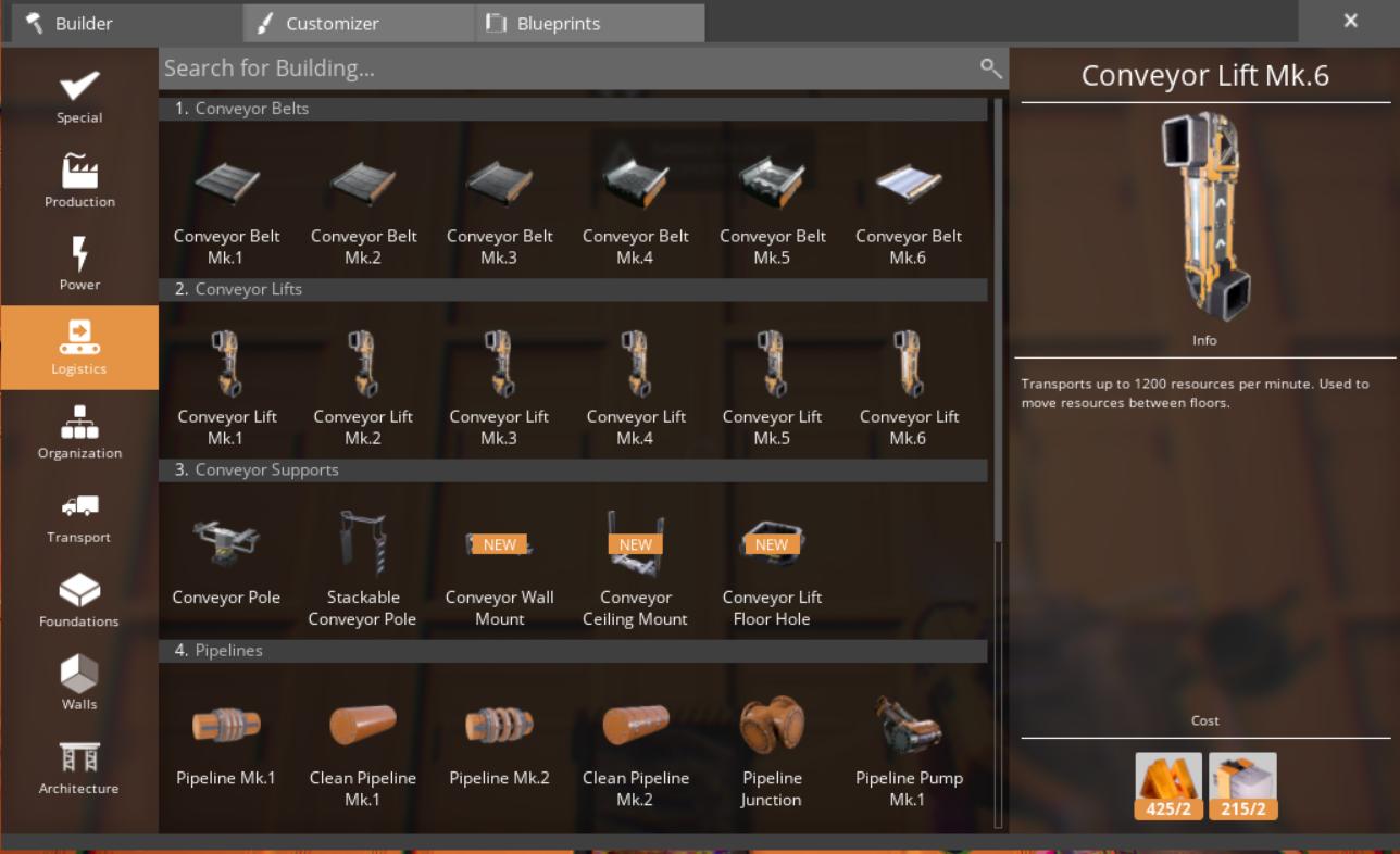 Sammle Materialien, um Förderlifte in Satisfactory Version 1.0 zu bauen