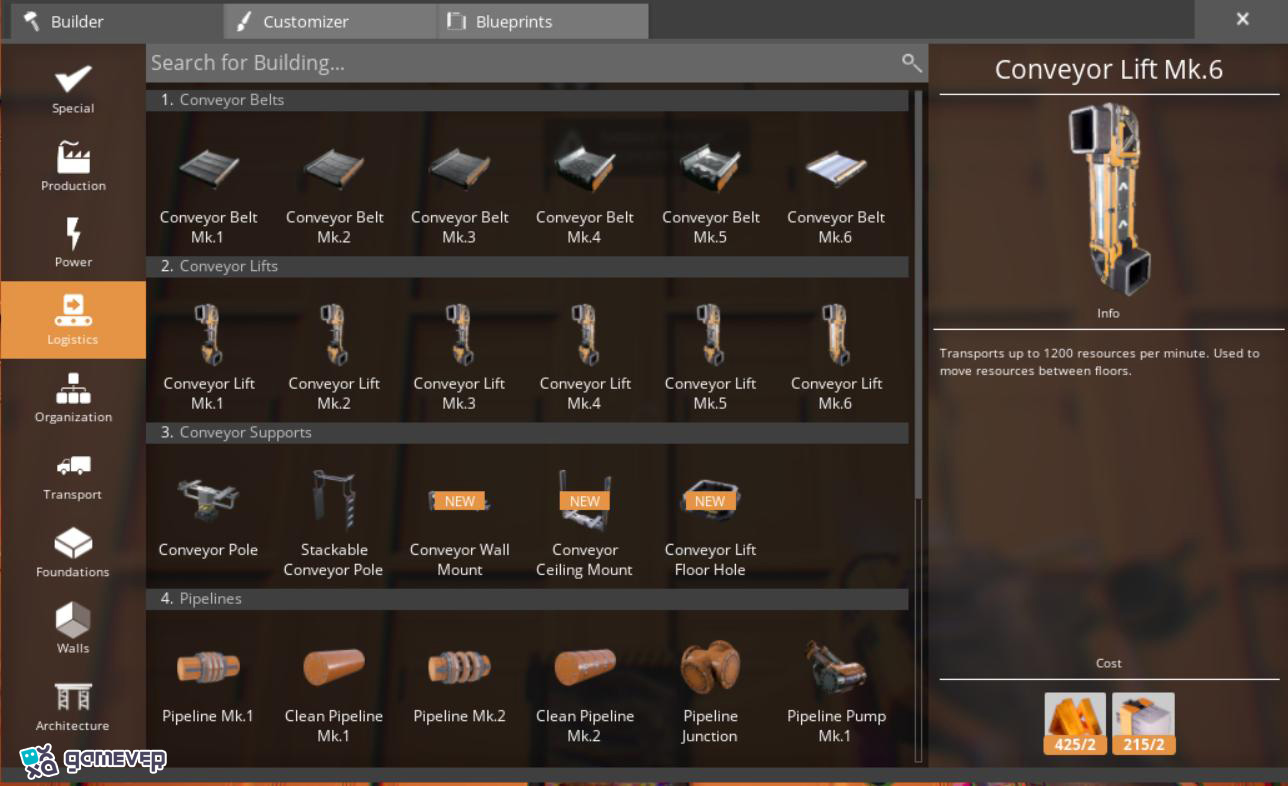 Reúne materiales para construir los Elevadores de Cintas Transportadoras en la versión 1.0 de Satisfactory