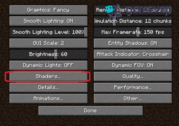 Pfad zum Öffnen des "shaderpacks"-Ordners