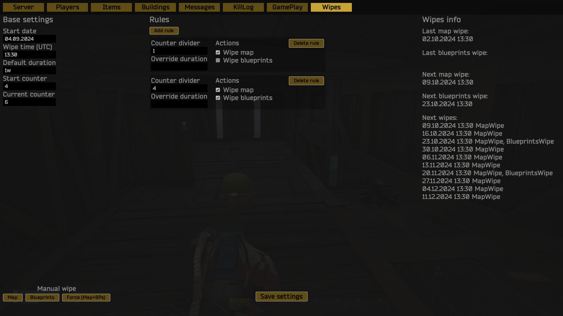 Lege den Wipe-Zyklus für deinen Server in Duckside fest.
