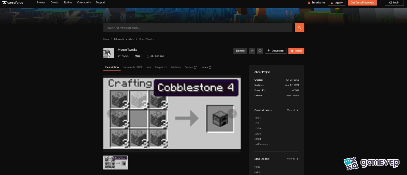 Besuche auf CurseForge die Mouse Tweaks-Seite