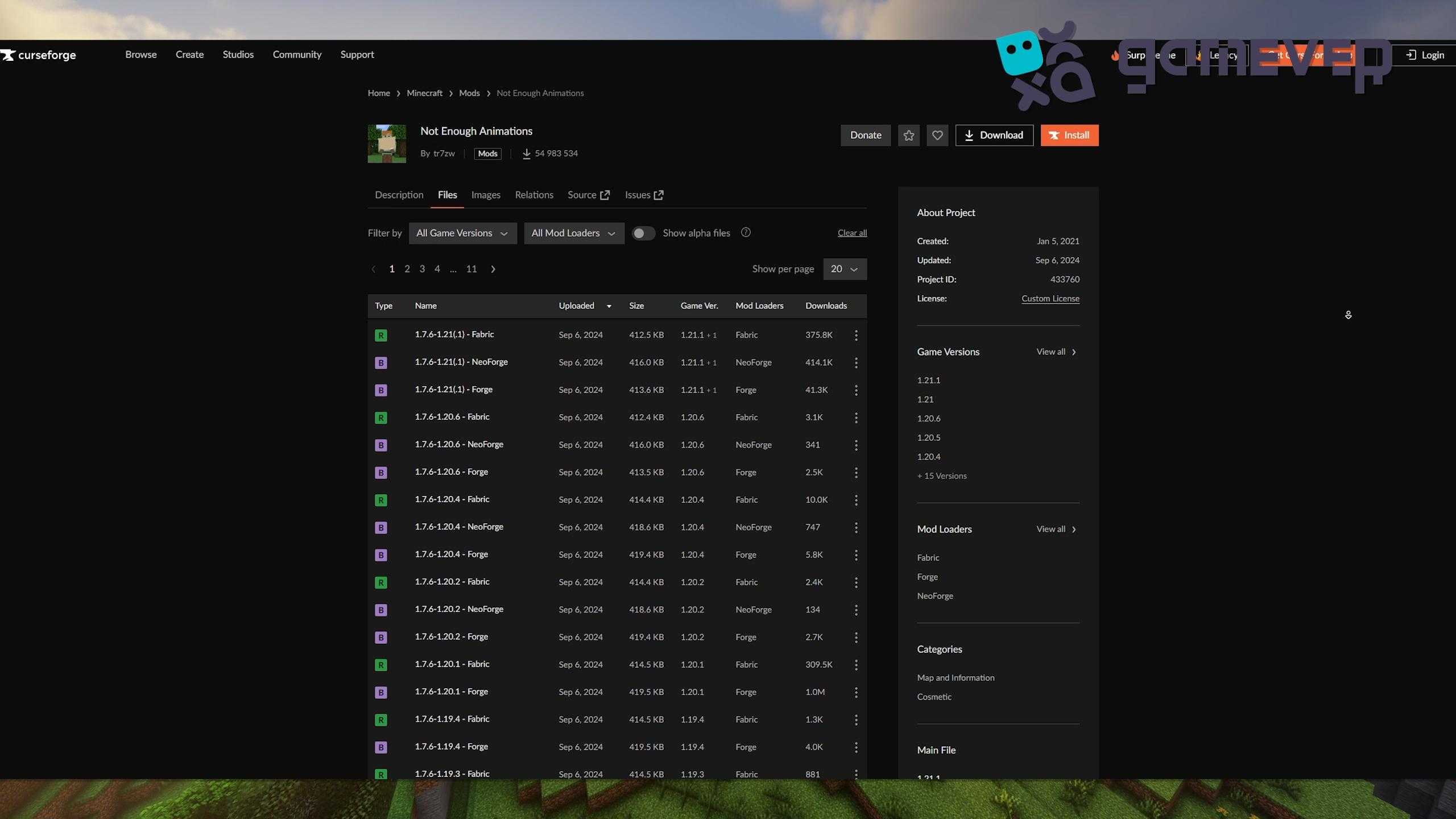Página del mod Not Enough Animations en CurseForge