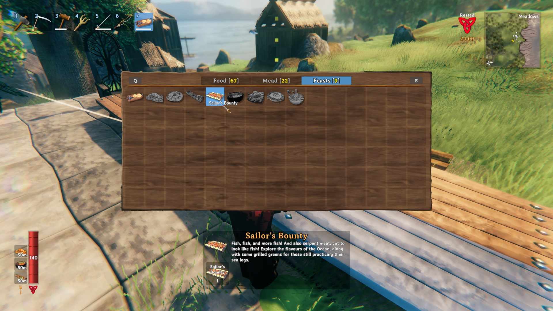 Use the Serving Tray to set up the Sailor's Bounty feast in Valheim Bog Witch
