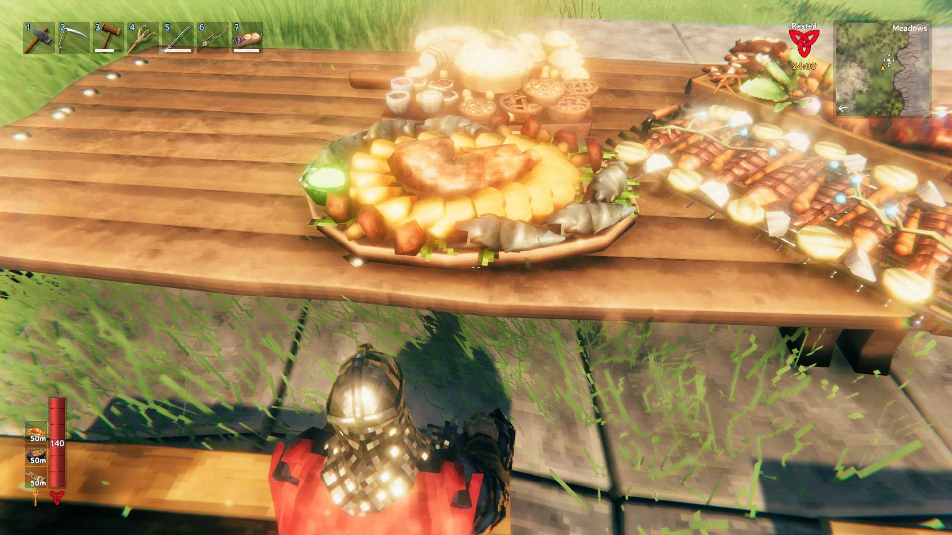 Steigere deine Gesundheits- und Ausdauerpunkte, indem du das Festmahl isst.