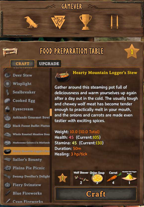 Koche den Hearty Mountain Logger's Stew, um Gesundheit und Ausdauer in Valheim Bog Witch zu steigern.