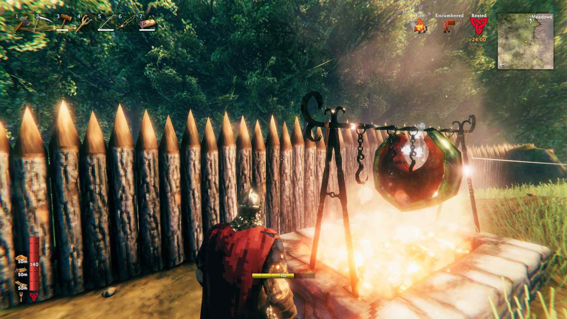 Verwende eine Eisenkochstation für Schlangenfleisch in Valheim Bog Witch.