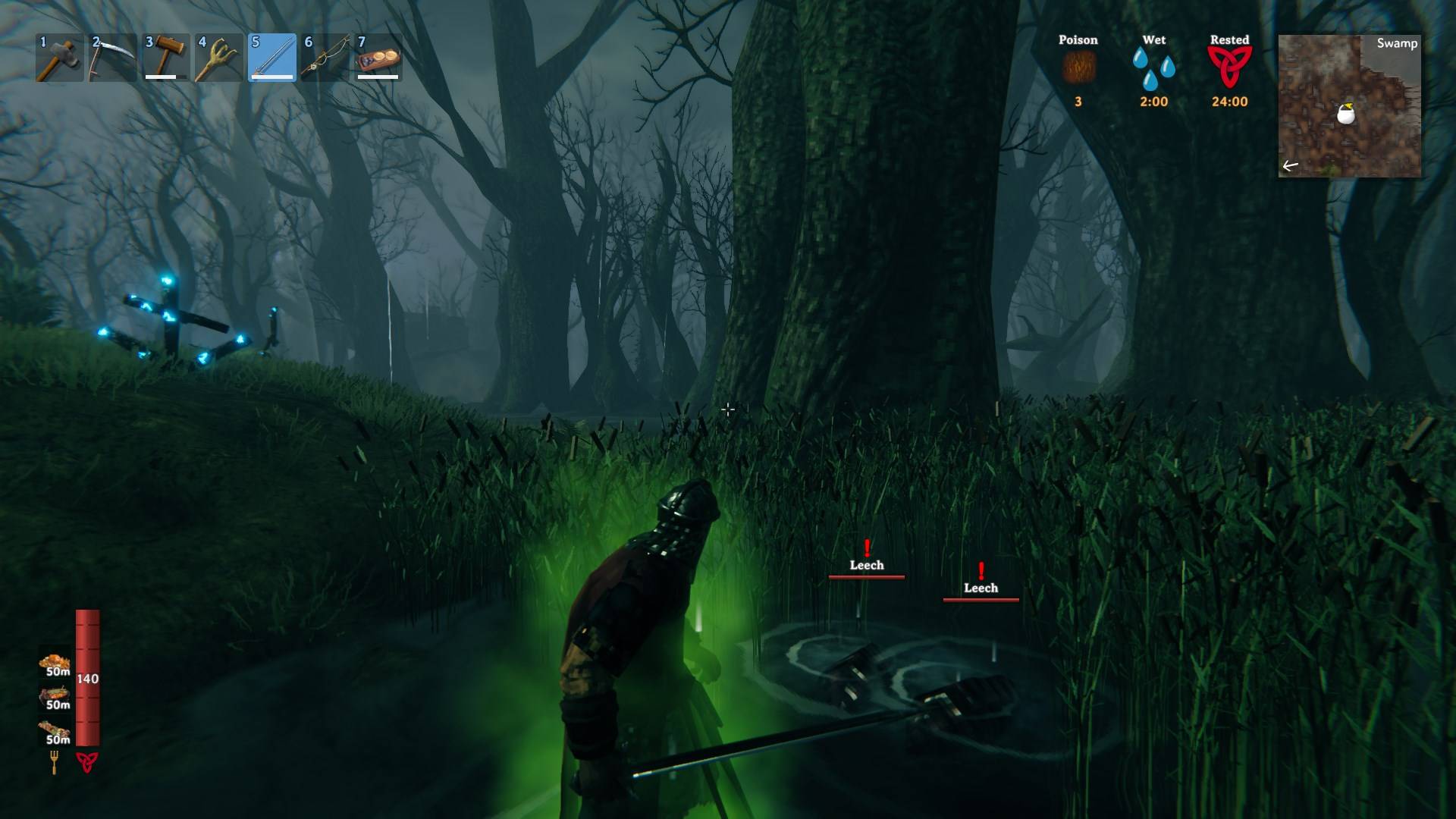 Finde Blutegel im Sumpfwasser für Blutbeutel in Valheim Bog Witch.