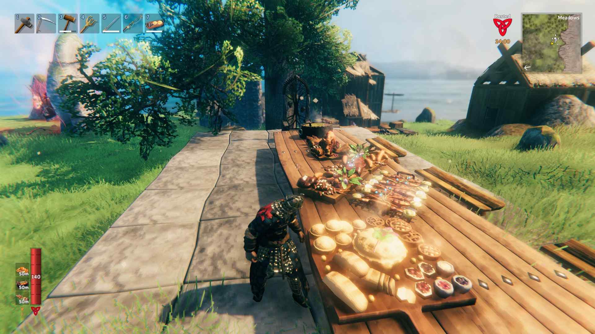 Genieße das Plains Pie Picnic Festmahl mit Freunden in Valheim Bog Witch
