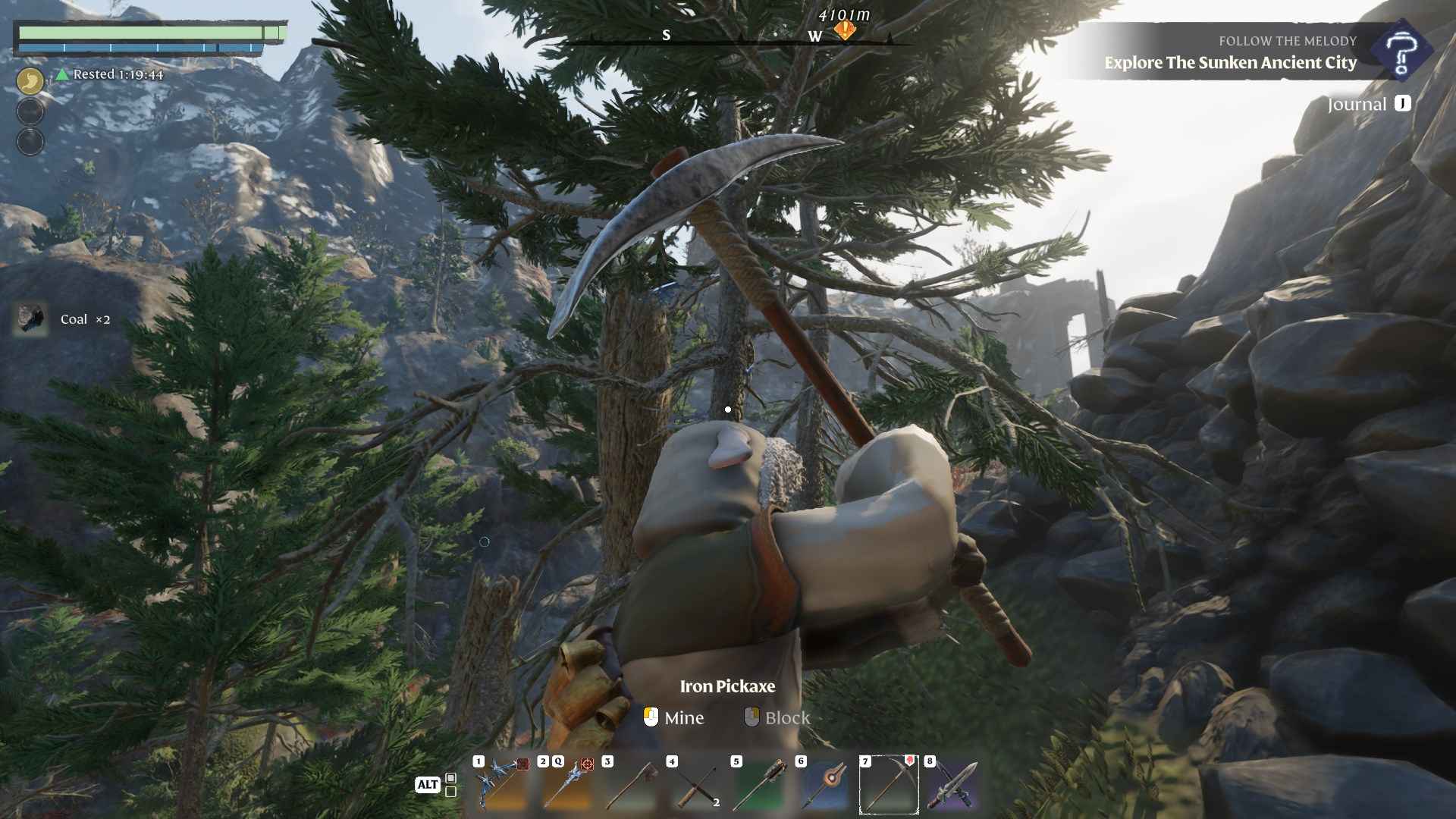 Baue Kohle in der Nähe der Klippen entlang des Nebelflusses im Enshrouded Souls of the Frozen Frontier Update ab.