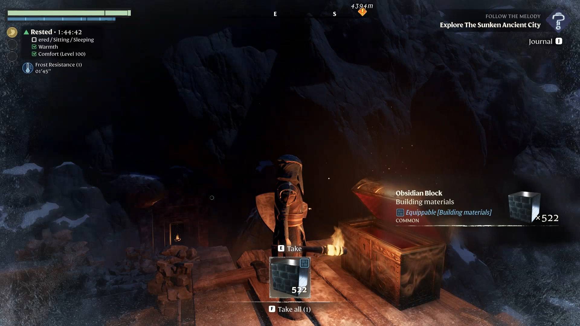 Beanspruche die goldene Truhe mit einem Obsidianblock auf dem Dach im Enshrouded Souls of the Frozen Frontier Update